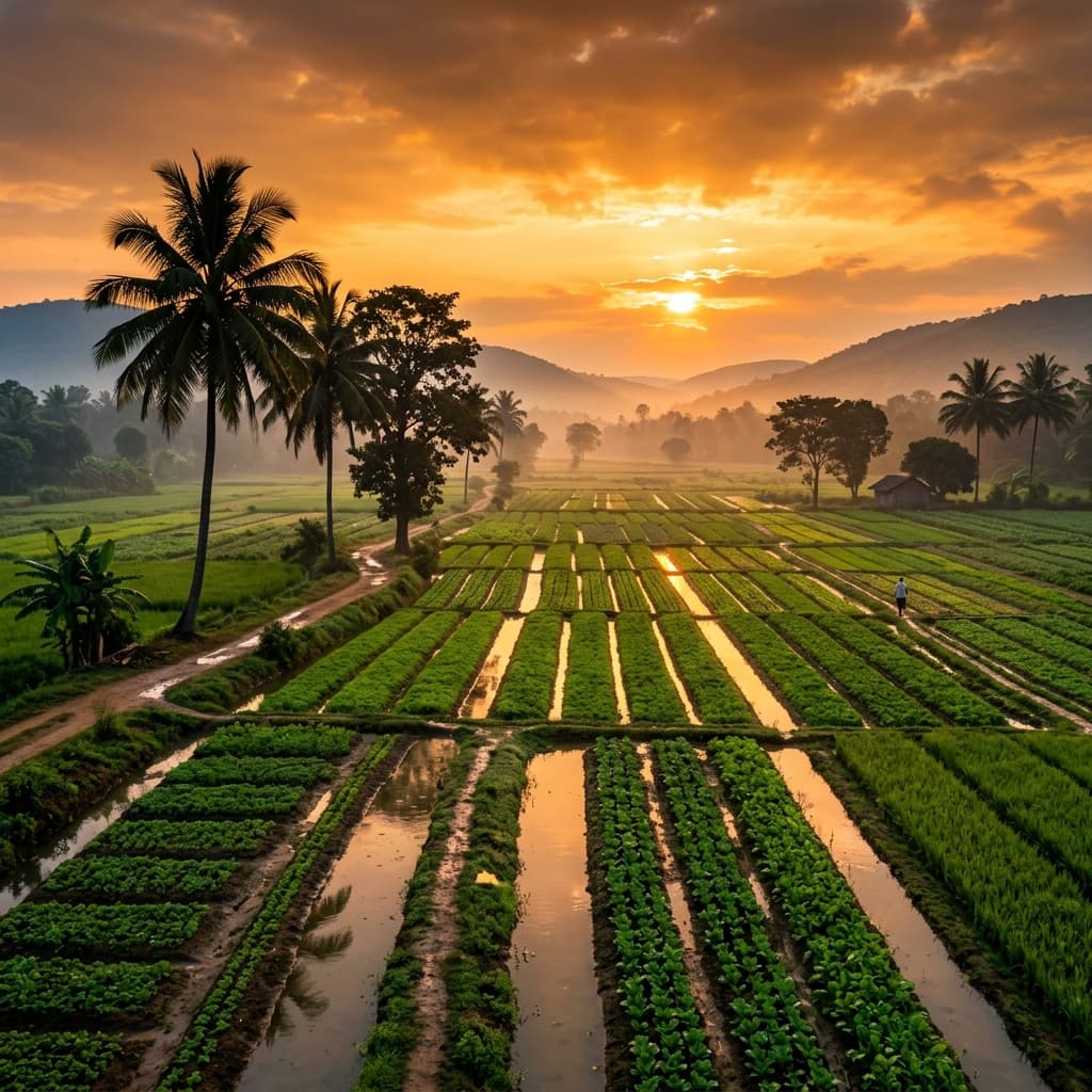 Golden sunrise over plantation